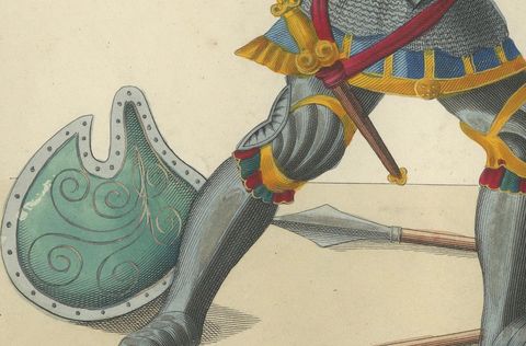 19th-Century Hand-Coloured Lithograph of Armoured Knights in Battle Scene, close-up 1