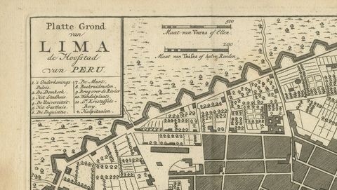 Antique Map of Lima Peru by Isaak Tirion, City Plan with Fortifications, 1769, close-up 2