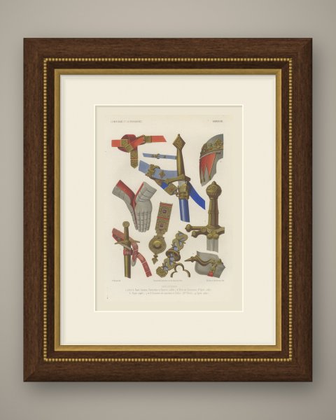 English Sword, Helm and Gauntlets, Antique Print, 1851, shown framed