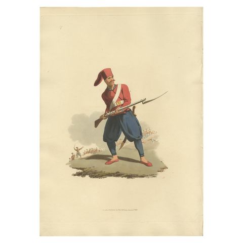 Antique Print of Turkish Soldier, Hand-Colored Aquatint, 1818, Folio