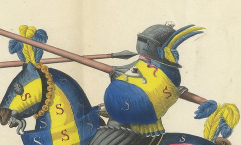 Hand-Coloured Knightly Joust Print: Vibrant Heraldic Horses and Armor, 1842, close-up 2