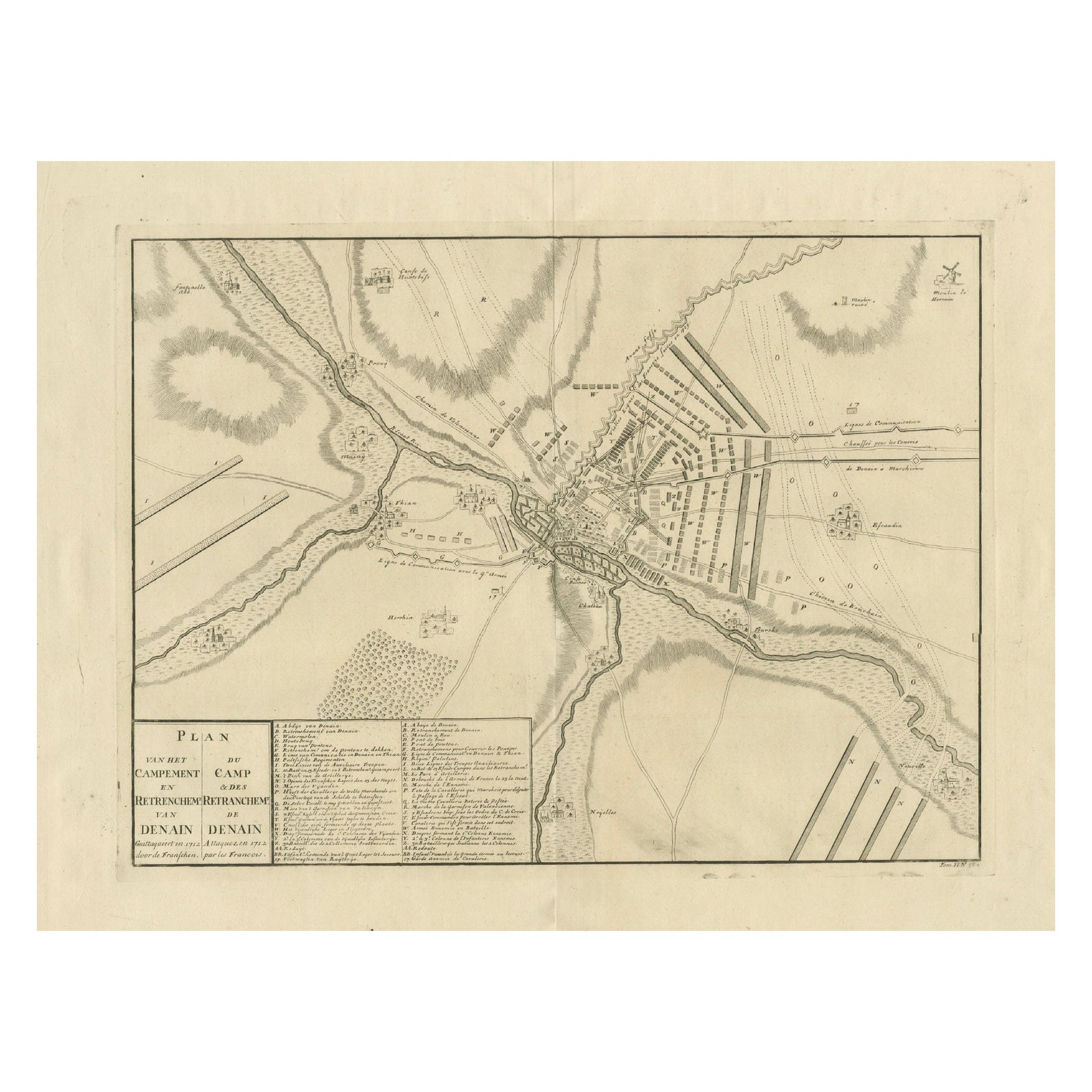 Detailed 1729 Battle Map, Allied Army Camp at Denain France, 1712 Siege