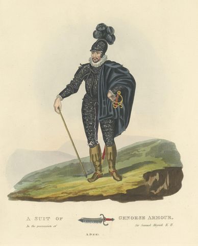 Old Print of Genoese Armour of Genoese Crossbowmen, 1842, close-up 1