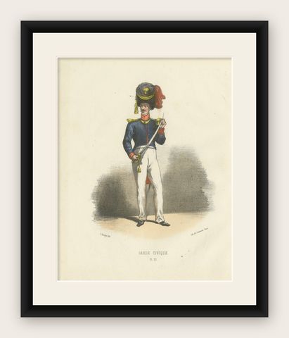 Civic Pride in Uniform: Handcolored Print of a Garde Civique Officer, 1862, shown framed