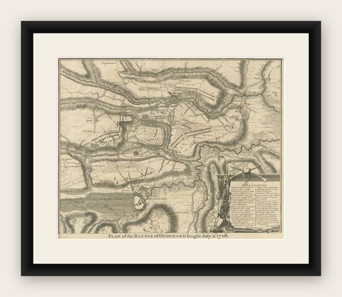 Antique Print of the Battle of Oudenard by I. Basire, 1751, shown framed