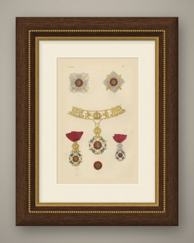Orders of Belgium, Order of Leopold Stars, Badges and Collar, Plate XIV, 1844, shown framed