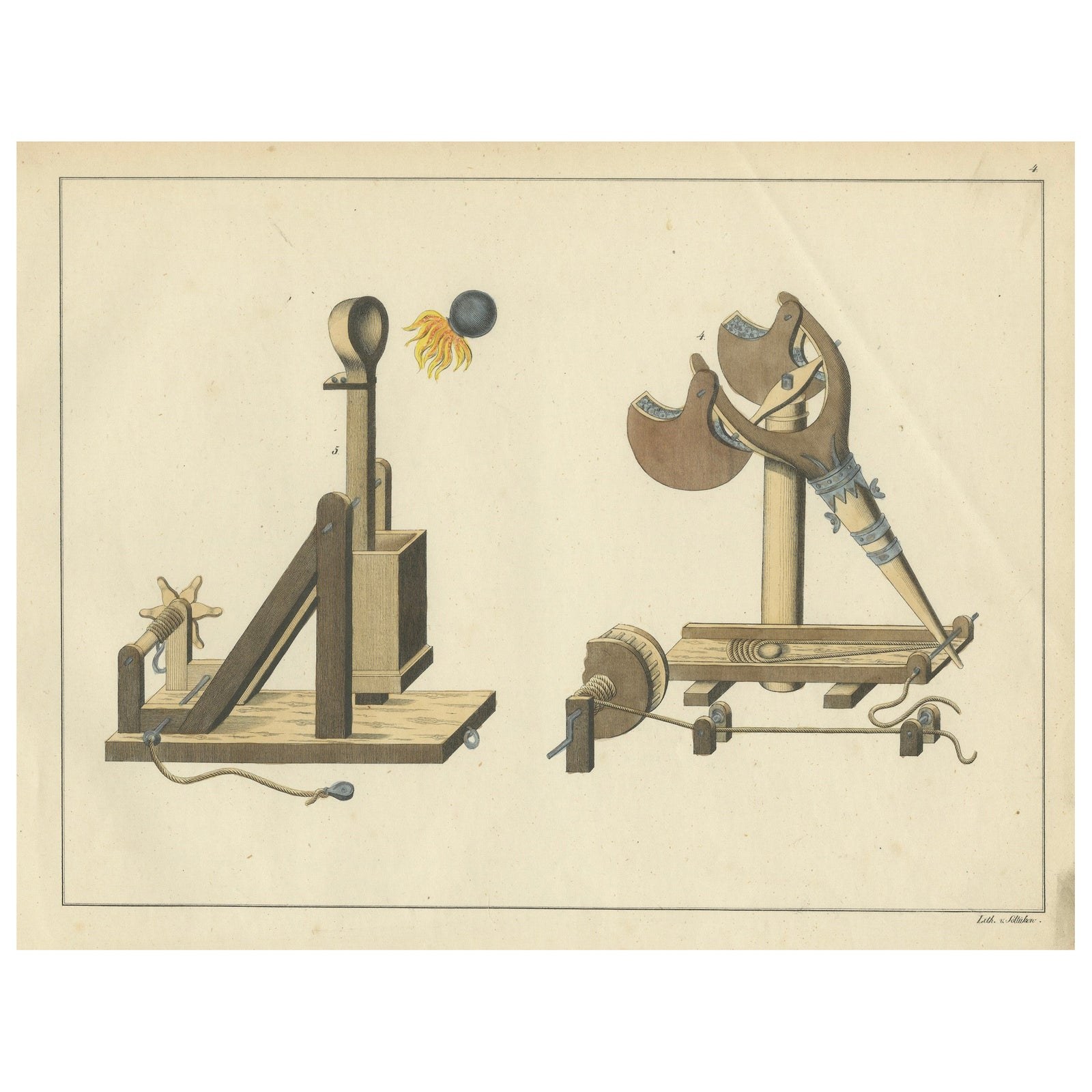 19th-Century Hand-Coloured Lithograph of Medieval Catapults and Siege Engines