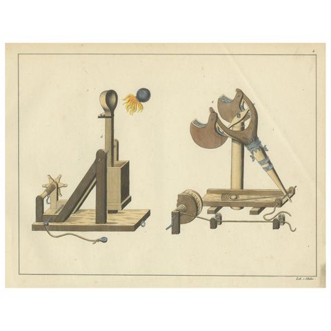 19th-Century Hand-Coloured Lithograph of Medieval Catapults and Siege Engines