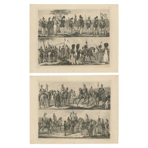 Set of 2 Antique Prints of Various Soldiers by Heck '1849'
