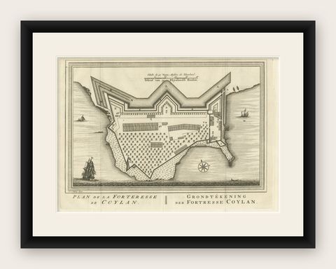 Antique Print of the Fort of Kollam, Kerala, India, shown framed