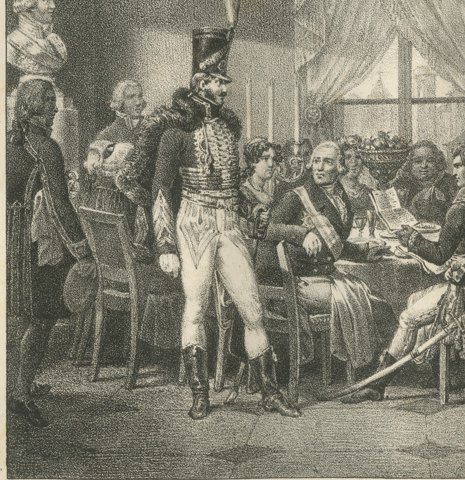 Bonaparte Dines with the Duke of Tuscany, Antique Madou Lithograph, 1827, close-up 1