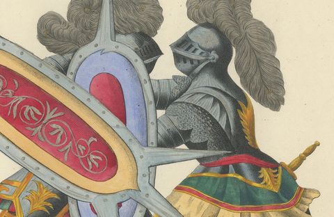 19th-Century Hand-Coloured Lithograph of Armoured Duel with Spiked Shields, close-up 2