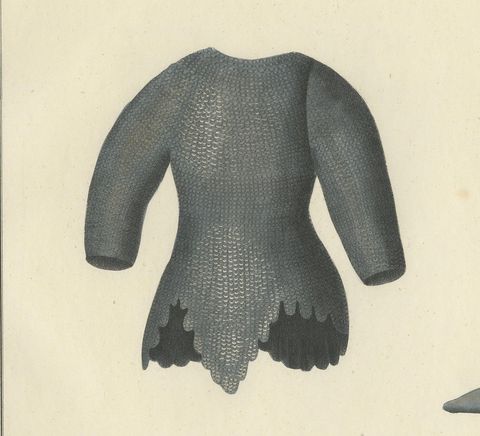 19th-Century Hand-Coloured Lithograph of Chainmail Hauberk and Plate Leg Armor, close-up 2