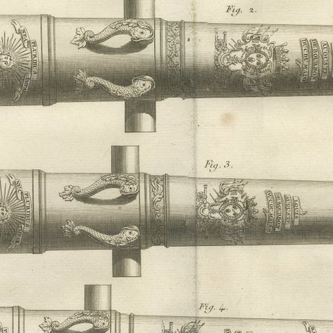 18th Century Engraving of Ornate French Cannons, circa 1770, close-up 4