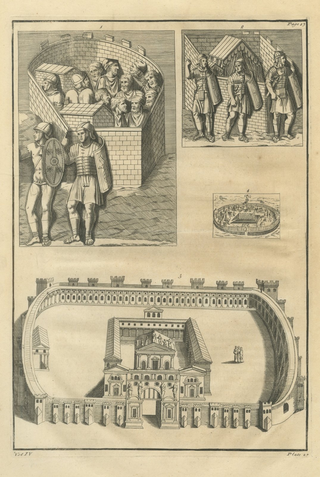 Roman Walled Camp Enclosures and Soldiers, Montfaucon Engraving, 1722