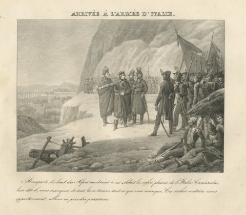 Bonaparte Takes Command of the Army of Italy, Antique Madou Lithograph, 1827