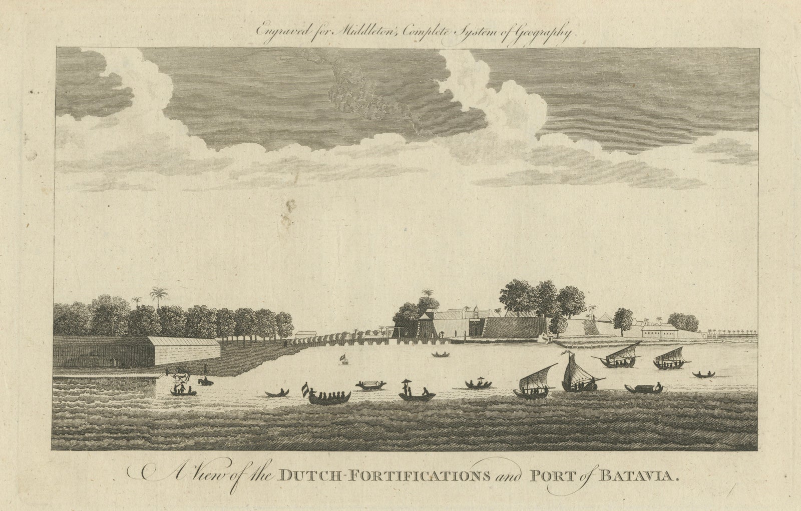 Antique View of Batavia Port Jakarta, Dutch VOC Fortifications 1778