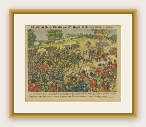 Battle of Saint-Quentin 1914, WWI German Illustrated War Print, Lithograph, shown framed