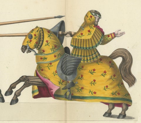 Hand-Coloured Jousting Scene with Vibrant Striped and Floral Caparisons, 1842, close-up 4