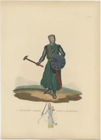 Genuine Antique Print of a Knight Armed with A Martel in Old Hand-Coloring, 1842, view 2