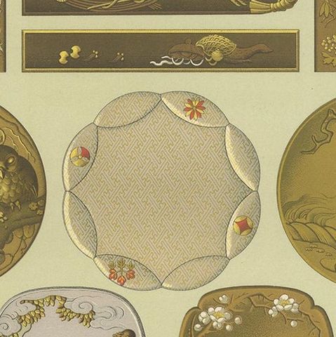 Pl. 10 Antique Print of Japanese Sword & Knife and Handles, Racinet, circa 1890, close-up 1
