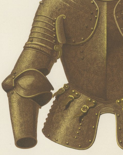 Armor of Gonzalo de Córdoba, Madrid Armory, Antique Print, 1851, close-up 2