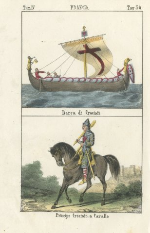 Crusader Ship and a Crusader Prince on Horseback, Hand Colored Lithograph, 1842