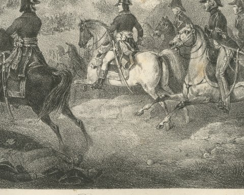 Battle of Mount Tabor, Napoleon Relieves Kleber, Antique Madou Lithograph, 1827, close-up 2