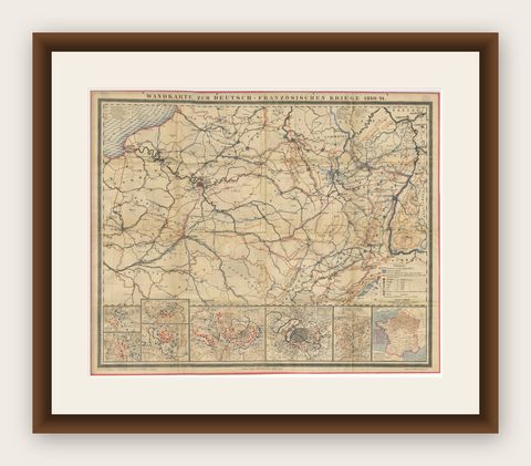 Franco-Prussian War Campaign Map of France and Germany, Original 1871, shown framed