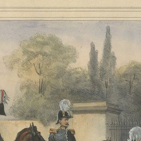 Handcolored Antique Print of Officers and Horses of the Belgium Army, 1833, close-up 1