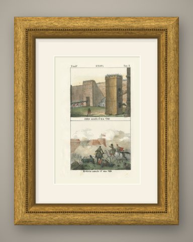 Ancient and Modern Assault on a City, Siege Tower and Battle, Lithograph, 1842, shown framed