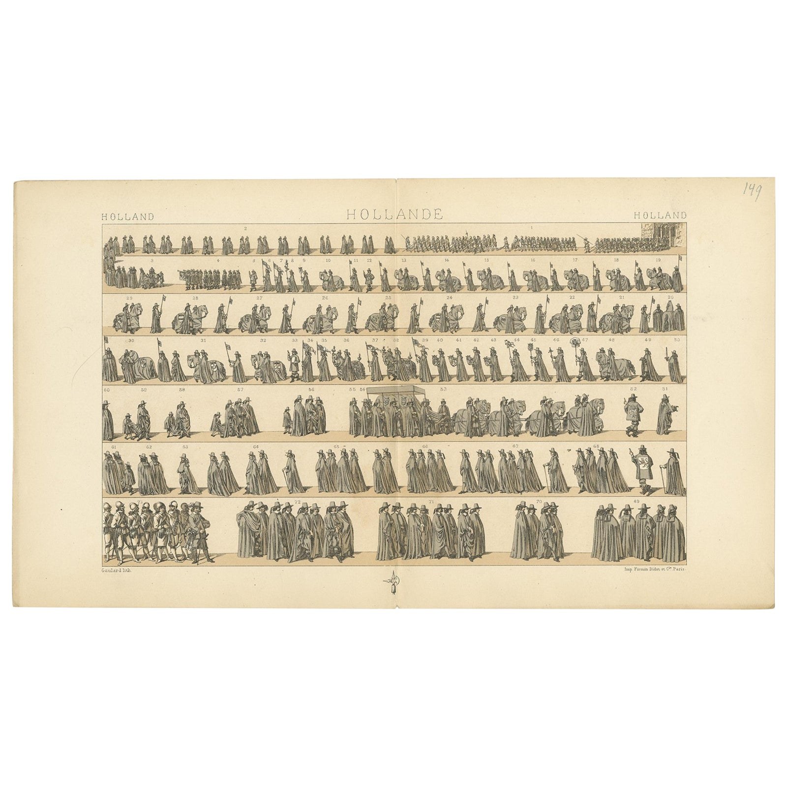 Pl. 149 Antique Print of Holland Military Parade by Racinet, 'circa 1880'