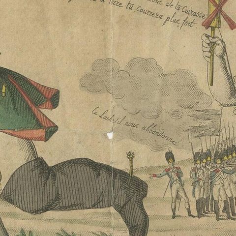 Antique Satirical Print of Napoleon Fleeing from the Battlefield '1815', close-up 2