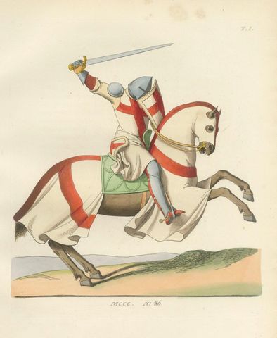 Charging Crusader Knight, Medieval Armor Print, circa 1400, published in 1845, close-up 1