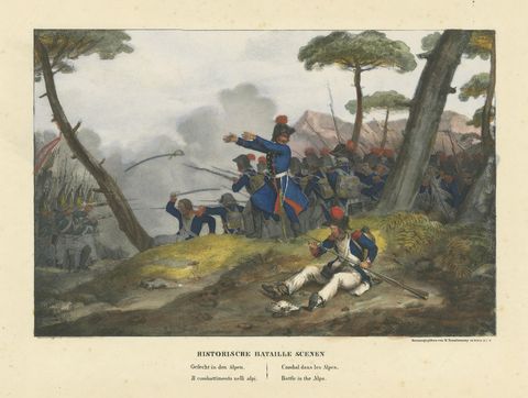 Original Antique Print of Mountain Warfare: The 1834 Alpine Encounter, c.1834, view 3