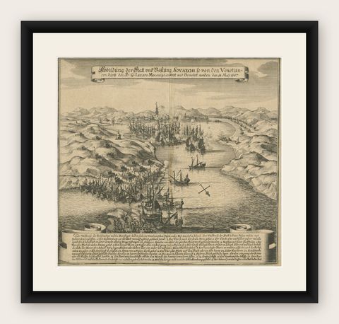 Antique Battle Scene of the Attack on Split on the Adriatic Coast, ca.1660, shown framed
