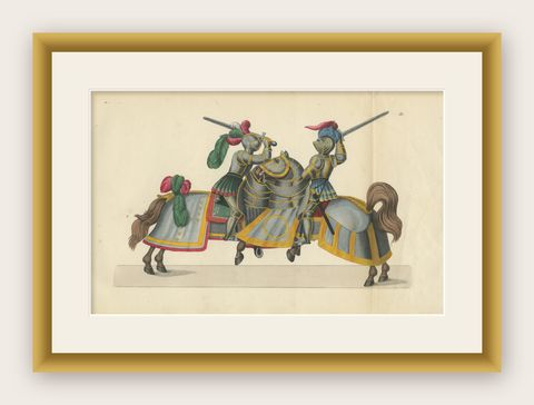 Hand-Coloured Print of Armoured Knights in Close-Combat Horseback Duel, 1842, shown framed