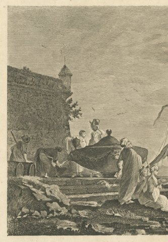 View in the Levant, Harbor Quay below a Fortress, Antique Engraving, circa 1820, close-up 1