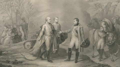 Napoleon and Francis II after Austerlitz, Antique French Engraving, circa 1840, close-up 2