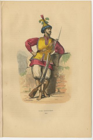 Striking 19th-Century Lithograph of a Cochin Soldier by Auguste Wahlen, view 2