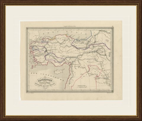 Antique Map of the March of the Ten Thousand, Xenophon Anabasis, circa 1845, shown framed