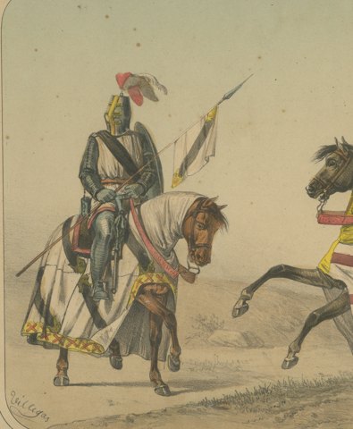 Two Medieval Knights in Heraldic Trappers, Spanish Cavalry Lithograph, 1861, close-up 1