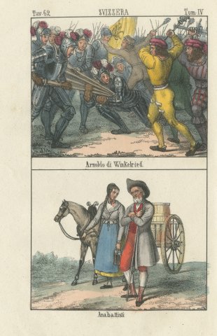 Arnold von Winkelried and the Anabaptists, Hand Colored Lithograph, 1842