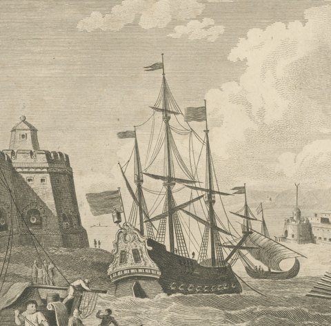 View of the Dardanelles, Ottoman Fortress and Shipping, Engraving, circa 1783, close-up 3