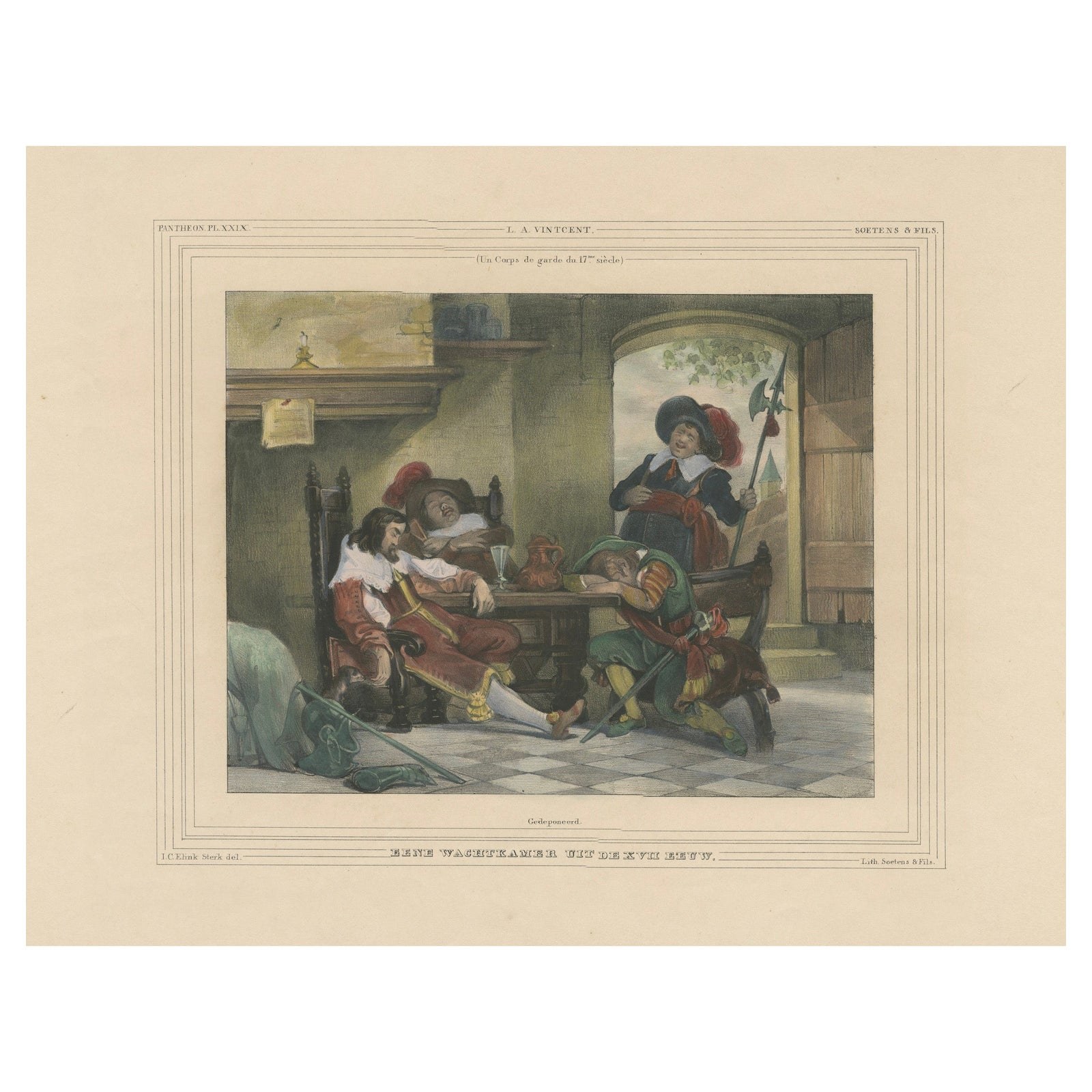 1835 Hand-Colored Lithograph: A 17th Century Guardroom, Soldiers at Rest