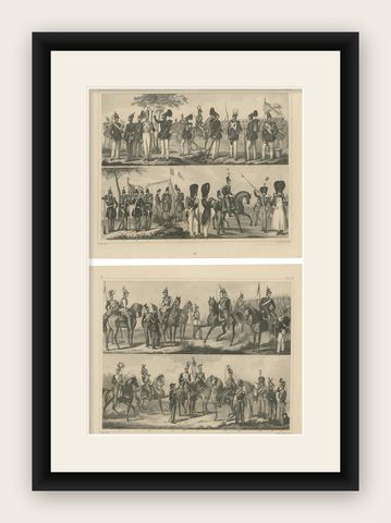 Set of 2 Antique Prints of Various Soldiers by Heck '1849', shown framed