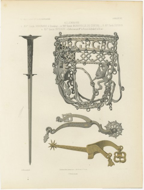 German Poniard, Horse Muzzle and Spurs, Antique Print, 1851, view 2