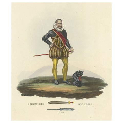Antique Print of Federigo Oricono, Tournament Baton and Voulge-Blade, 1842