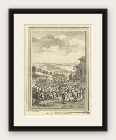 Antique Print of a Japanese Military Procession by Chedel, 1746, shown framed