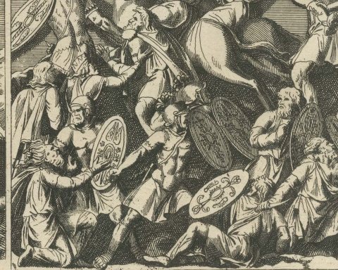 Cavalry and Infantry Battle Reliefs in Six Scenes, Montfaucon Engraving, 1722, close-up 1